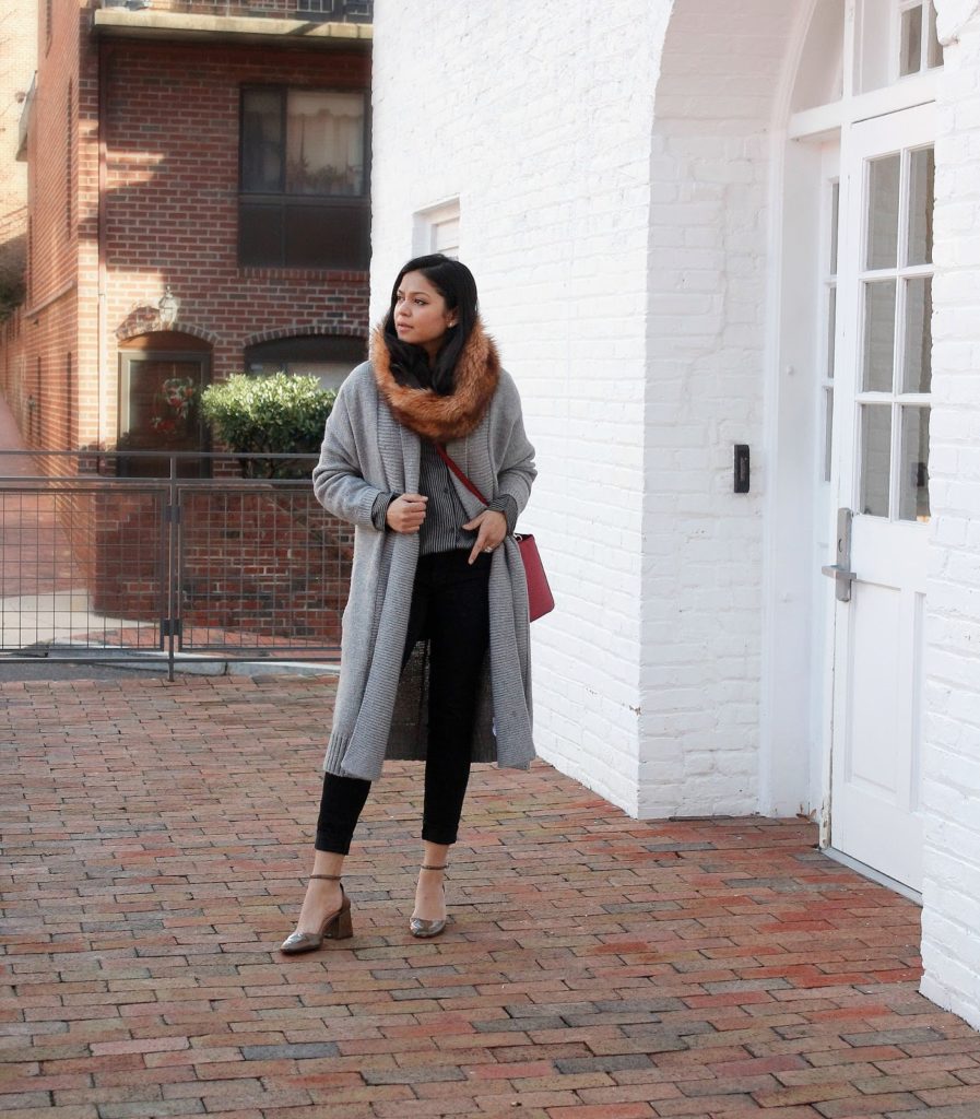 zara heels and strep shirt, gap duster cardigan 