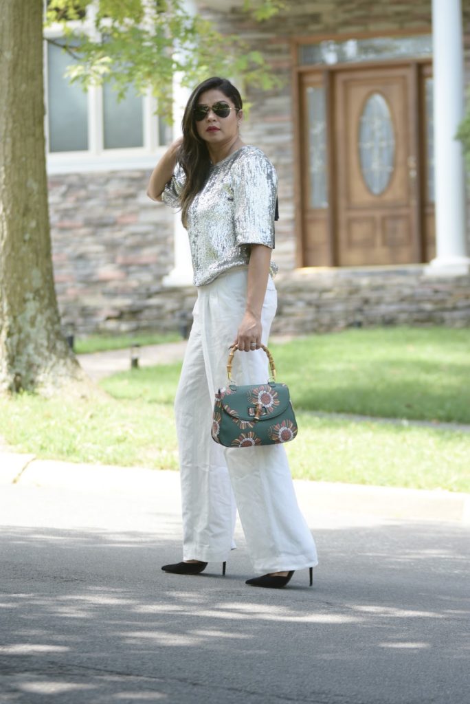 mod cloth squad, modcloth, green bag, sequin blouse, white trousers, white after labor day, black heels, green starw handle bag , myriad musings , saumya shiohare mod cloth squad, modcloth, green bag, sequin blouse, white trousers, white after labor day, black heels, green starw handle bag , myriad musings , saumya shiohare