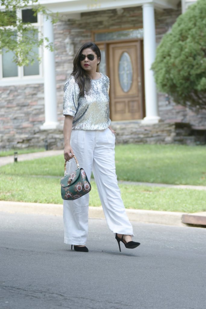 mod cloth squad, modcloth, green bag, sequin blouse, white trousers, white after labor day, black heels, green starw handle bag , myriad musings , saumya shiohare mod cloth squad, modcloth, green bag, sequin blouse, white trousers, white after labor day, black heels, green starw handle bag , myriad musings , saumya shiohare