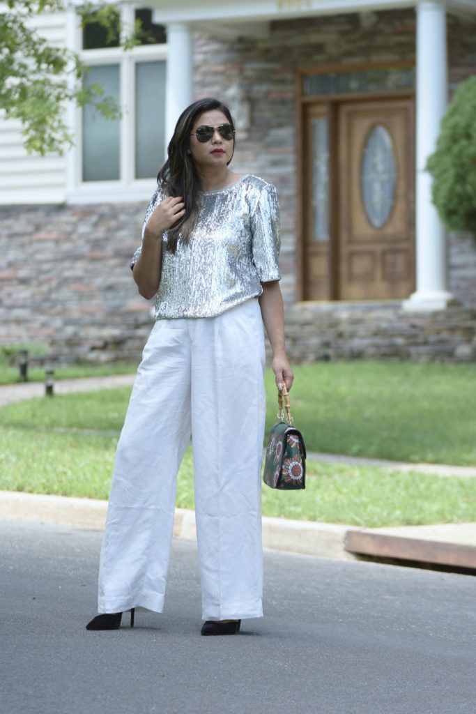 mod cloth squad, modcloth, green bag, sequin blouse, white trousers, white after labor day, black heels, green starw handle bag , myriad musings , saumya shiohare mod cloth squad, modcloth, green bag, sequin blouse, white trousers, white after labor day, black heels, green starw handle bag , myriad musings , saumya shiohare