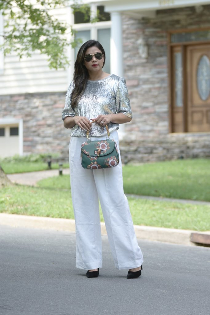 mod cloth squad, modcloth, green bag, sequin blouse, white trousers, white after labor day, black heels, green starw handle bag , myriad musings , saumya shiohare mod cloth squad, modcloth, green bag, sequin blouse, white trousers, white after labor day, black heels, green starw handle bag , myriad musings , saumya shiohare