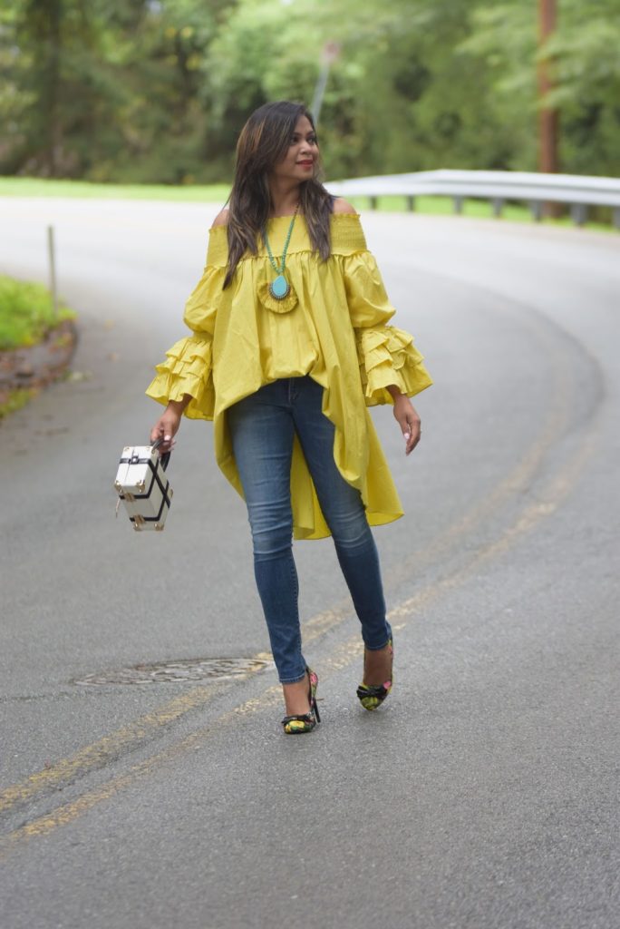 how to wear dress over jeans, fall fashion, baloon sleeves, skinny jeans, colorful pumps, blogger, style, street style, chartreuse dress .jpg how to wear dress over jeans, fall fashion, baloon sleeves, skinny jeans, colorful pumps, blogger, style, street style, chartreuse dress .jpg