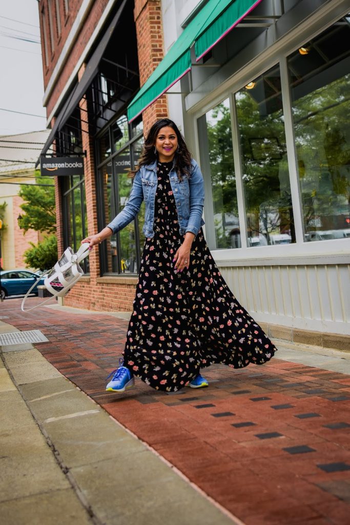 black maxi dress, denim jacket, monogrammed bucket bag, bl… | Flickr