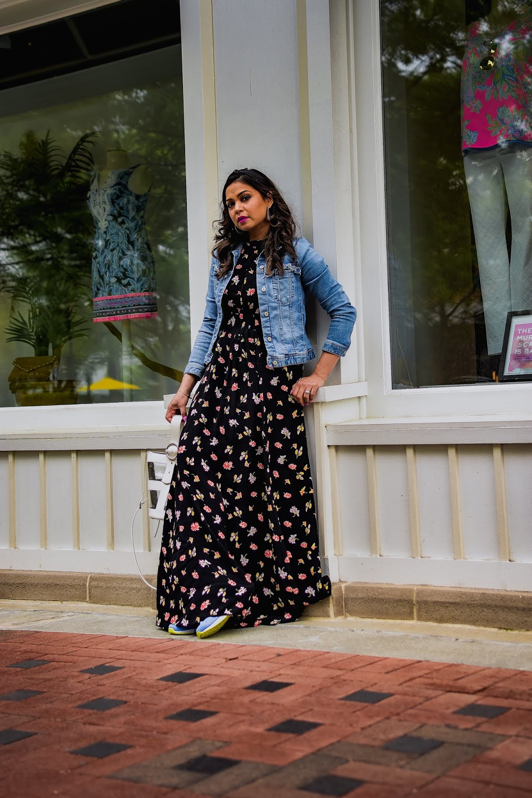 Maxi dress with denim jacket hot sale