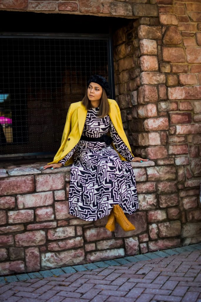 how to transition your summer dress to fall. HM richard alan dress, geometric dress style, beret style, midi dress outfit, layered outfit for fall, fall fashion, yellow blazer, black and white and yellow, myriad musings, saumya shiohare how to transition your summer dress to fall. HM richard alan dress, geometric dress style, beret style, midi dress outfit, layered outfit for fall, fall fashion, yellow blazer, black and white and yellow, myriad musings, saumya shiohare