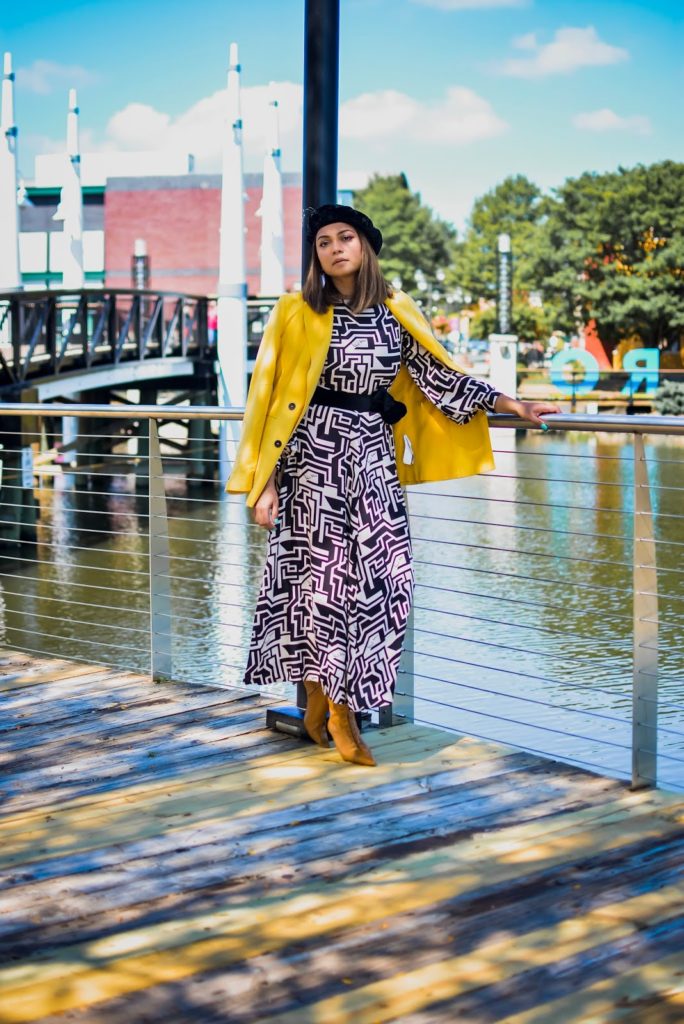 how to transition your summer dress to fall. HM richard alan dress, geometric dress style, beret style, midi dress outfit, layered outfit for fall, fall fashion, yellow blazer, black and white and yellow, myriad musings, saumya shiohare how to transition your summer dress to fall. HM richard alan dress, geometric dress style, beret style, midi dress outfit, layered outfit for fall, fall fashion, yellow blazer, black and white and yellow, myriad musings, saumya shiohare