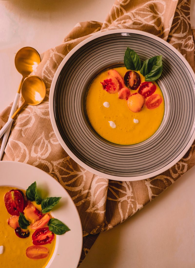 Five Minute Yellow Tomato and Peach Gazpacho- Summer Cooking