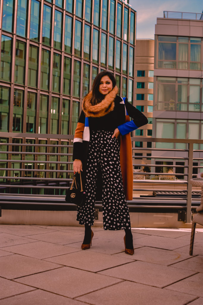 how to wear heart print pants, Ann Taylor printed pants, wide leg culottes, cropped pants, black and white pants, brown fur snood, color block coast, Steve Madden vala pumps, myriad musings, Saumya Shiohare  