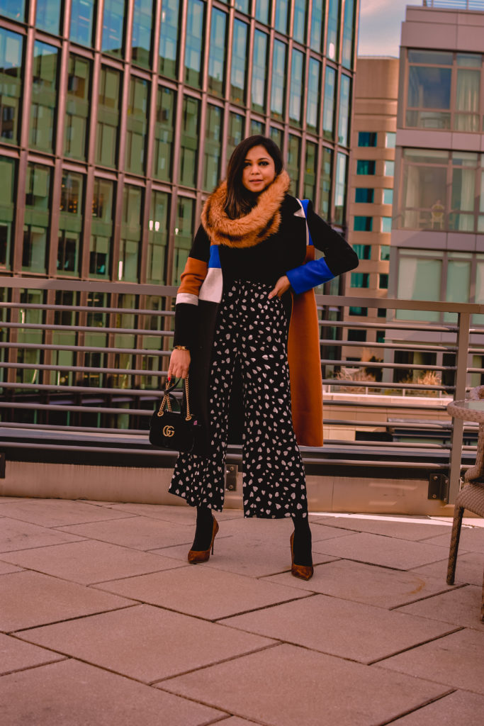 how to wear heart print pants, Ann Taylor printed pants, wide leg culottes, cropped pants, black and white pants, brown fur snood, color block coast, Steve Madden vala pumps, myriad musings, Saumya Shiohare  