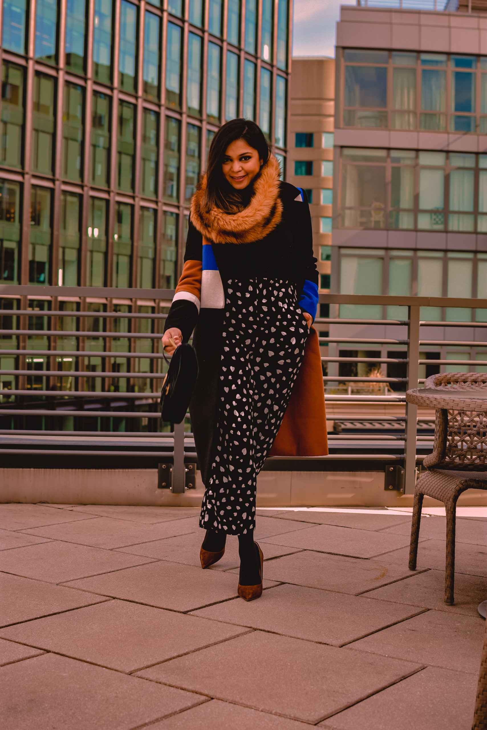 how to wear heart print pants, Ann Taylor printed pants, wide leg culottes, cropped pants, black and white pants, brown fur snood, color block coast, Steve Madden vala pumps, myriad musings, Saumya Shiohare  