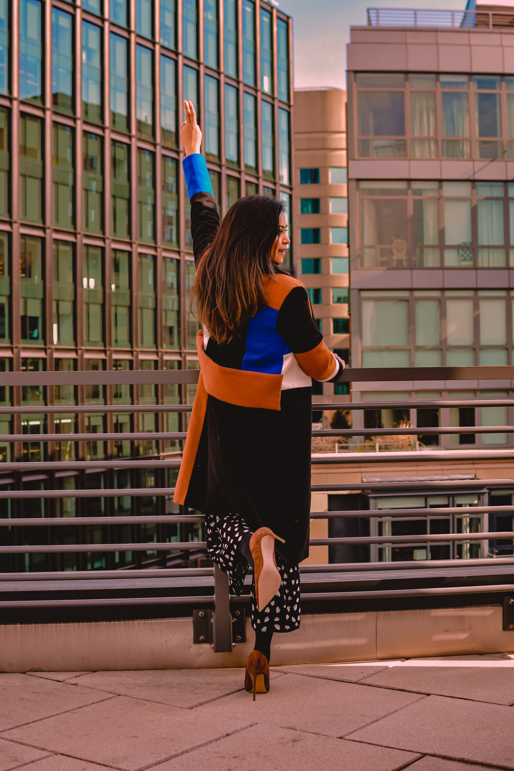 how to wear heart print pants, Ann Taylor printed pants, wide leg culottes, cropped pants, black and white pants, brown fur snood, color block coast, Steve Madden vala pumps, myriad musings, Saumya Shiohare  