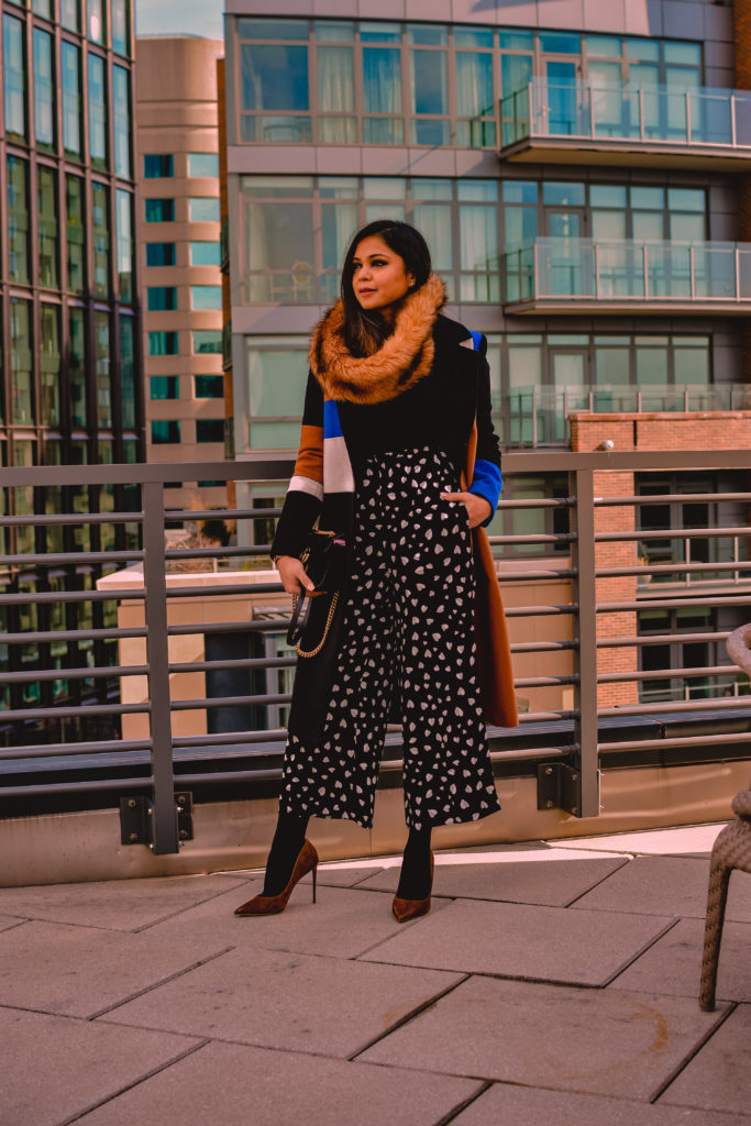 how to wear heart print pants, Ann Taylor printed pants, wide leg culottes, cropped pants, black and white pants, brown fur snood, color block coast, Steve Madden vala pumps, myriad musings, Saumya Shiohare  