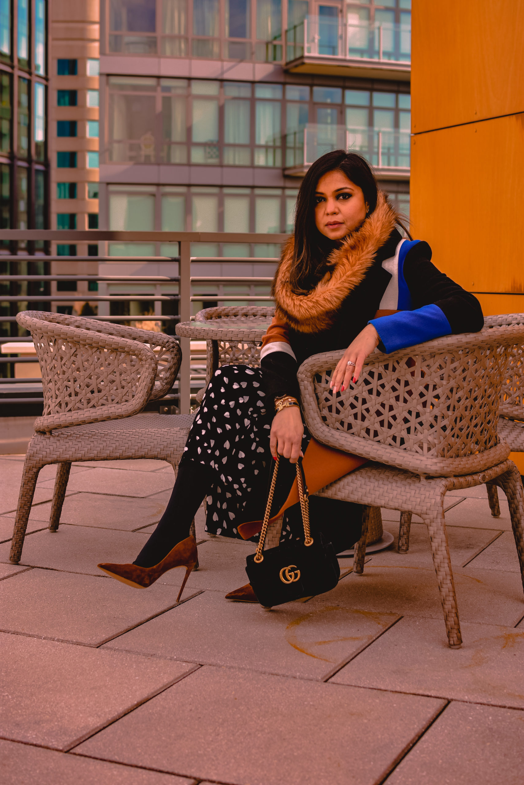 how to wear heart print pants, Ann Taylor printed pants, wide leg culottes, cropped pants, black and white pants, brown fur snood, color block coast, Steve Madden vala pumps, myriad musings, Saumya Shiohare  