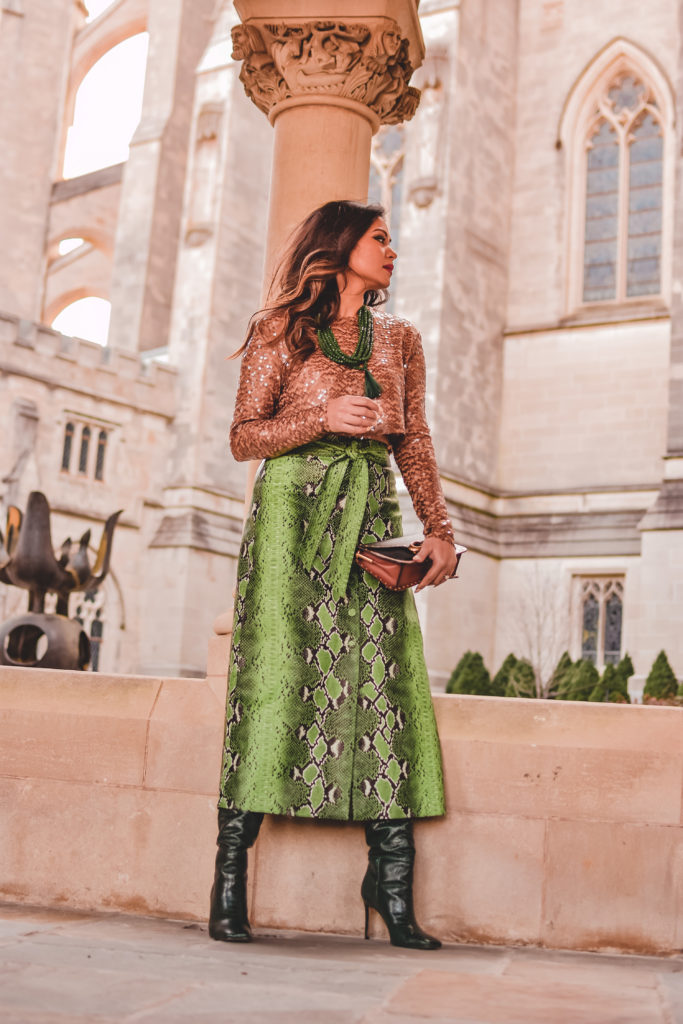 I am wearing a python print green leather skirt with a white blouse, citrus Valentino pumps and carrying a fendi bucket bag. Im talking about ways to transition your closet from winter to spring. myriad musings, saumya shiohare 