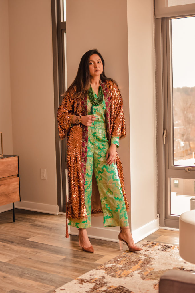 I am wearing a matching set which has pants and blouse. It is a paisley print set from J crew and is called the rattti collection. I teamed it up with a heels and a bag for day look and a sequin kimono for a night look. Saumya Shiohare, Myriad Musings 