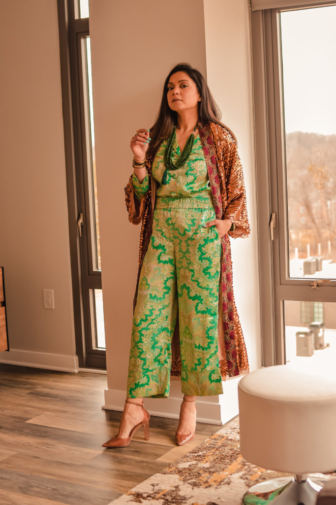 I am wearing a matching set which has pants and blouse. It is a paisley print set from J crew and is called the rattti collection. I teamed it up with a heels and a bag for day look and a sequin kimono for a night look. Saumya Shiohare, Myriad Musings 