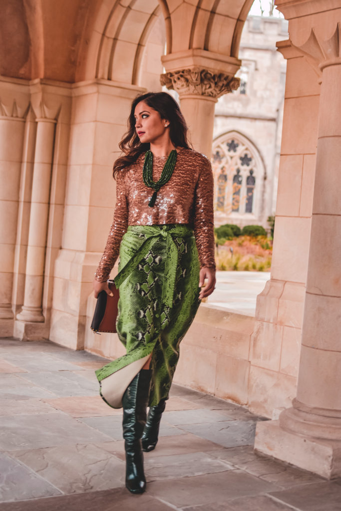 I am wearing a python print green leather skirt with a white blouse, citrus Valentino pumps and carrying a fendi bucket bag. Im talking about ways to transition your closet from winter to spring. myriad musings, saumya shiohare 
