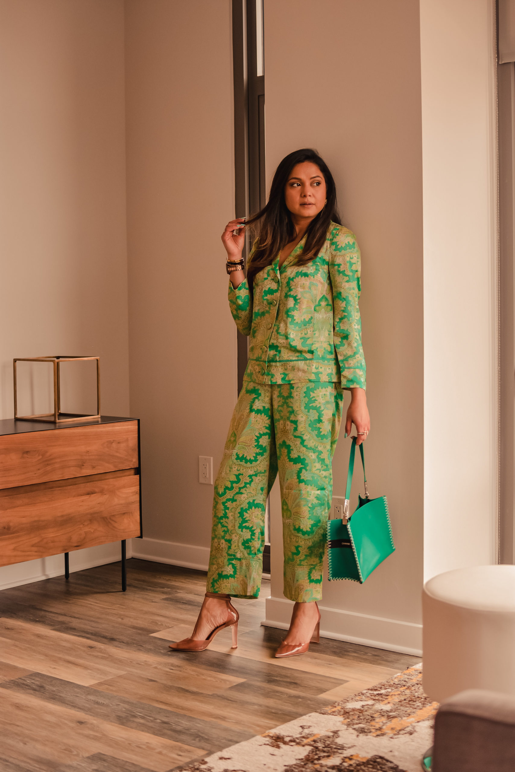I am wearing a matching set which has pants and blouse. It is a paisley print set from J crew and is called the rattti collection. I teamed it up with a heels and a bag for day look and a sequin kimono for a night look. Saumya Shiohare, Myriad Musings 