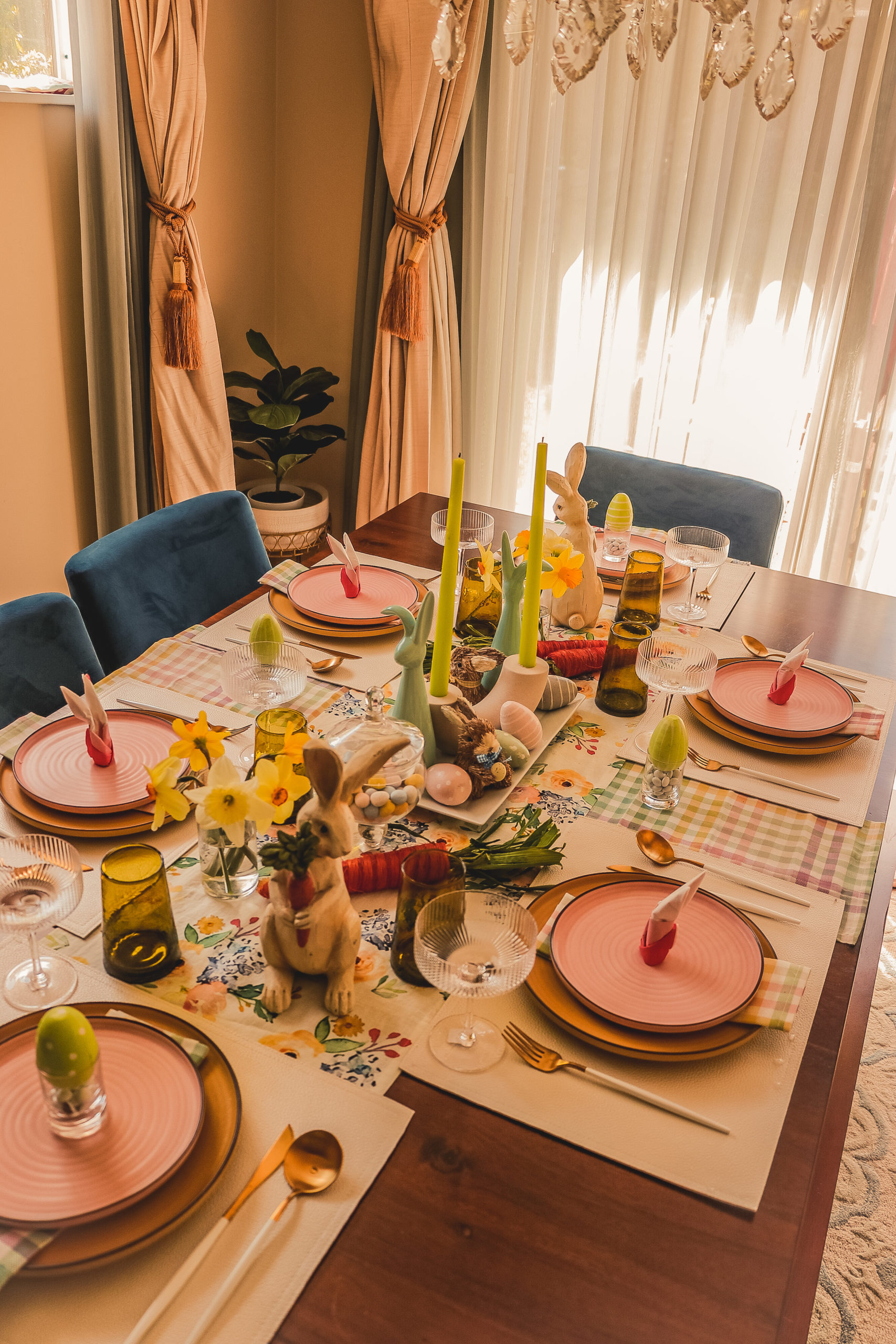 easter tablescape, pastel colored plate setting, dinner for six easter, how to set up the place setting , happy easter, easter sunday, myriadmusings 