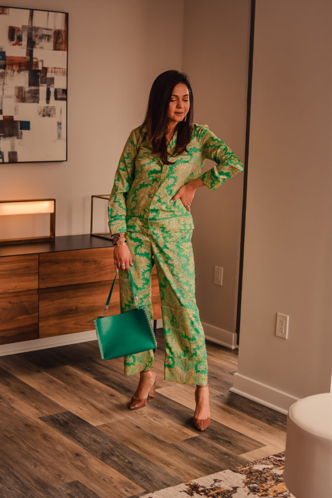 I am wearing a matching set which has pants and blouse. It is a paisley print set from J crew and is called the rattti collection. I teamed it up with a heels and a bag for day look and a sequin kimono for a night look. Saumya Shiohare, Myriad Musings 