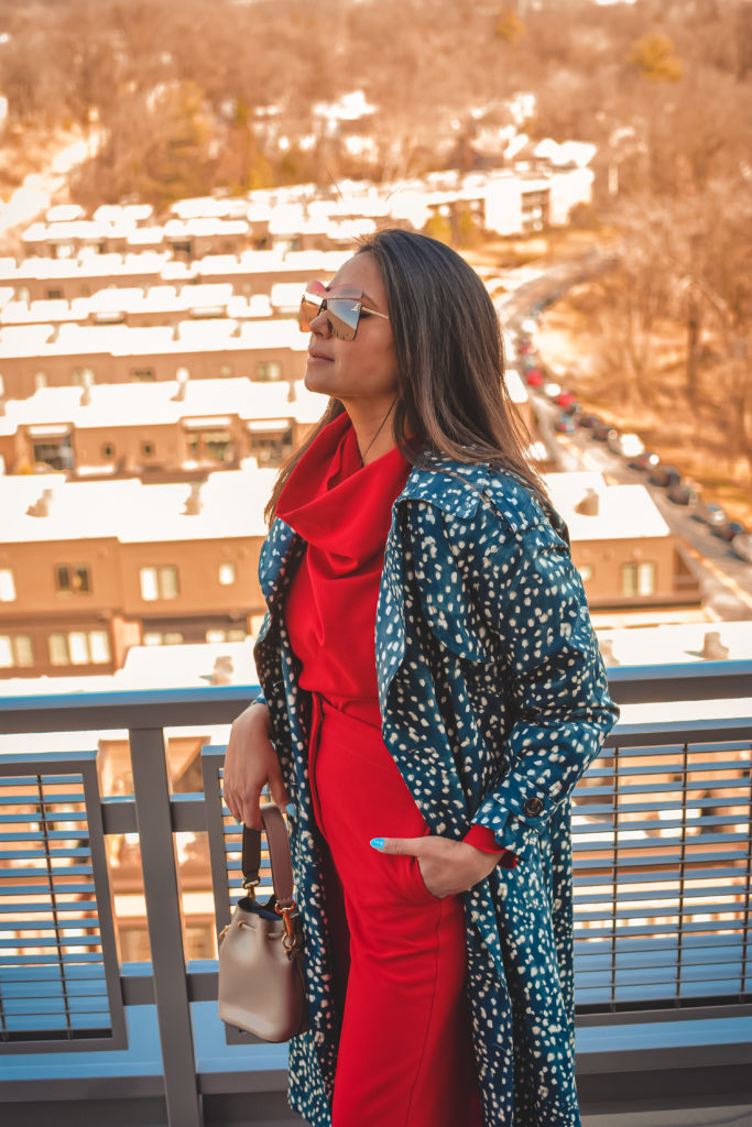 I am wearing a red pant and red blouse set with a pair of read sandals and a printed trench. this is my office look, street style look, spring outfit. Myriad Musings, saumya shiohare 