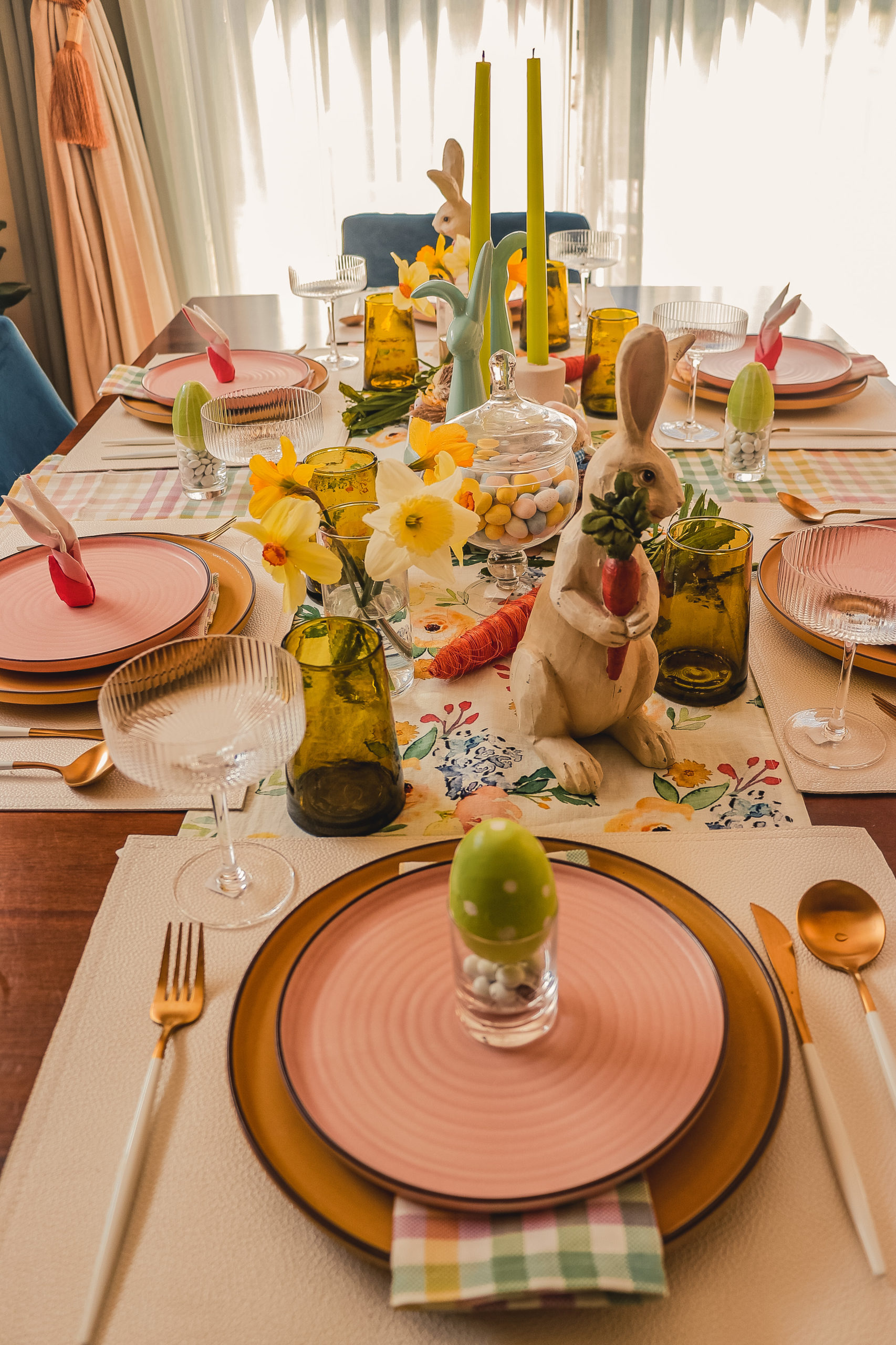 easter tablescape, pastel colored plate setting, dinner for six easter, how to set up the place setting , happy easter, easter sunday, myriadmusings 