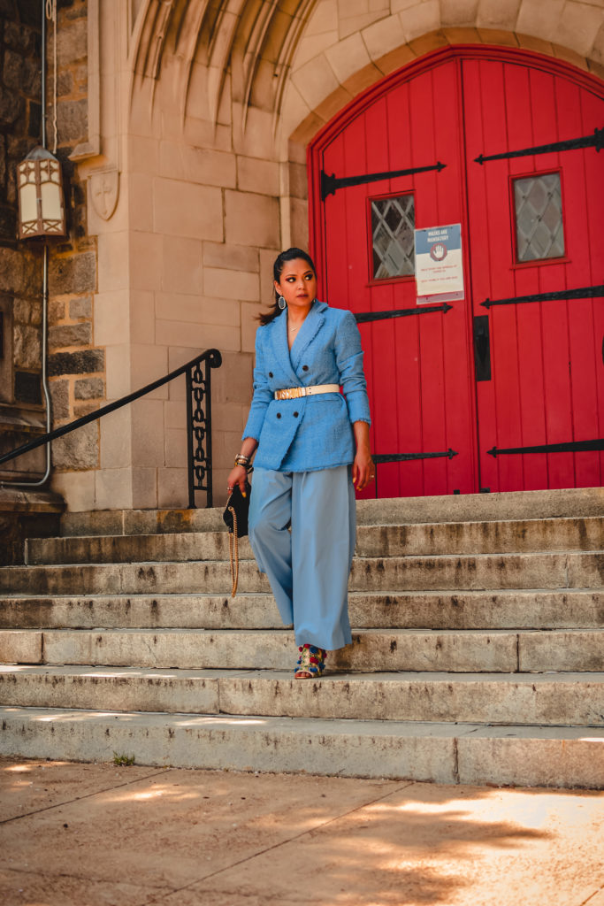 I am wearing a blue on blue pant suit. The blazer is woven and the pats are a pure cotton. 