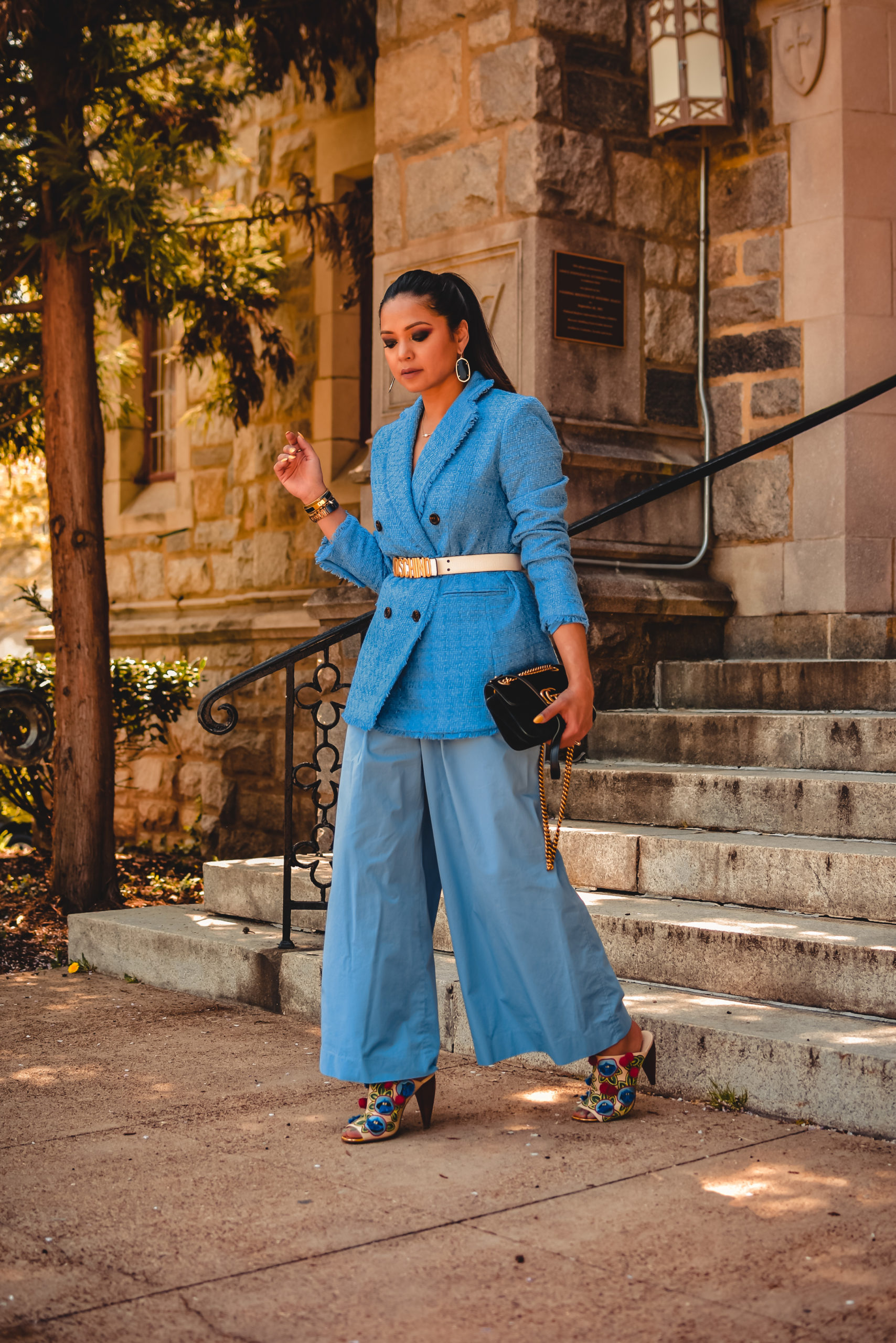 I am wearing a blue on blue pant suit. The blazer is woven and the pats are a pure cotton. 