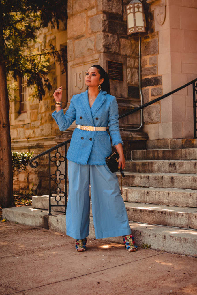 I am wearing a blue on blue pant suit. The blazer is woven and the pats are a pure cotton. 