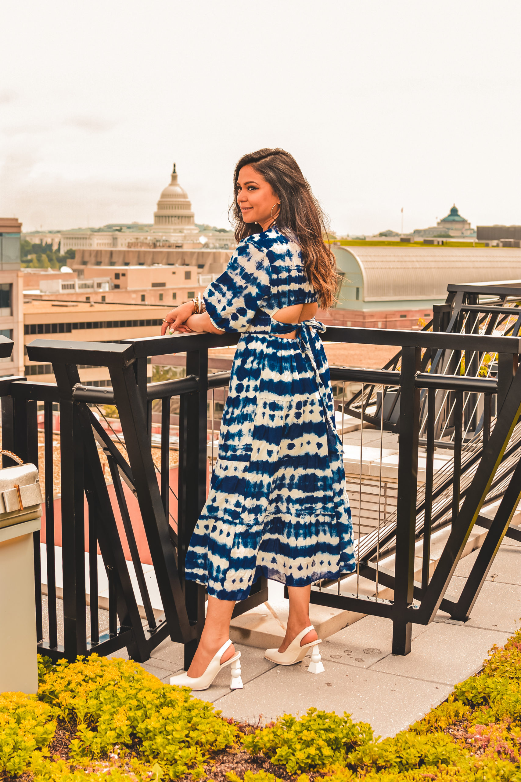 blue tie dye dress from Mango, summer wedding guest style, summer beach sundress, tie back dress, white JACQUEMUS Valerie heels. summer outfit, myriad musings 