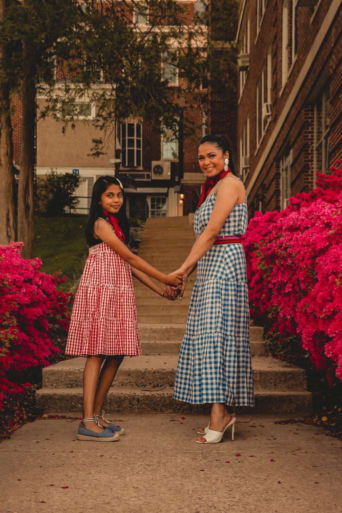 mother daughter gingham outfit. memorial day outfit, red white and blue, gap gingham dress and peplum top, street style, photoshoot ideas, 