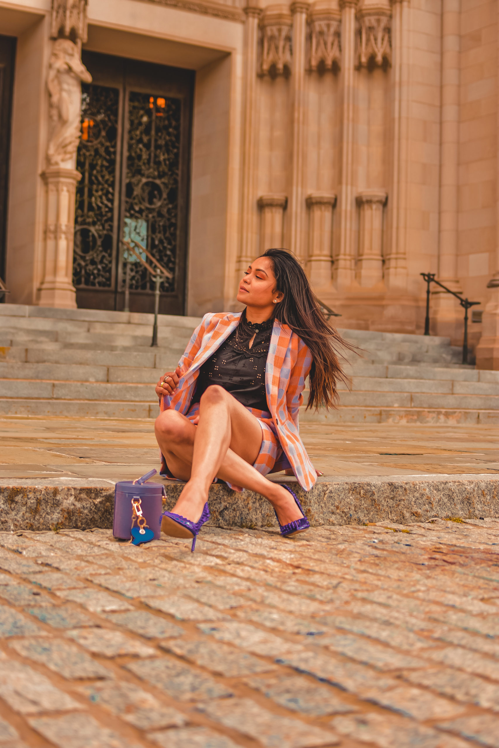 spring outfit waring shorts and blazer in gingham, wearing Steve madden vala studded pumps, purple heel with purple blazer, how to wear shorts suit, printed matching set , myriad musings, Saumya Shiohare 