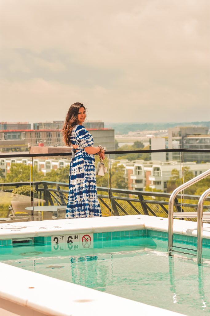 blue tie dye dress from Mango, summer wedding guest style, summer beach sundress, tie back dress, white JACQUEMUS Valerie heels. summer outfit, myriad musings 