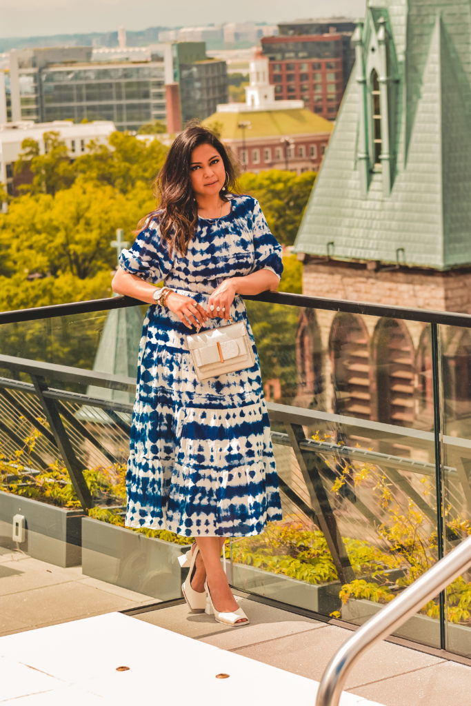 blue tie dye dress from Mango, summer wedding guest style, summer beach sundress, tie back dress, white JACQUEMUS Valerie heels. summer outfit, myriad musings 