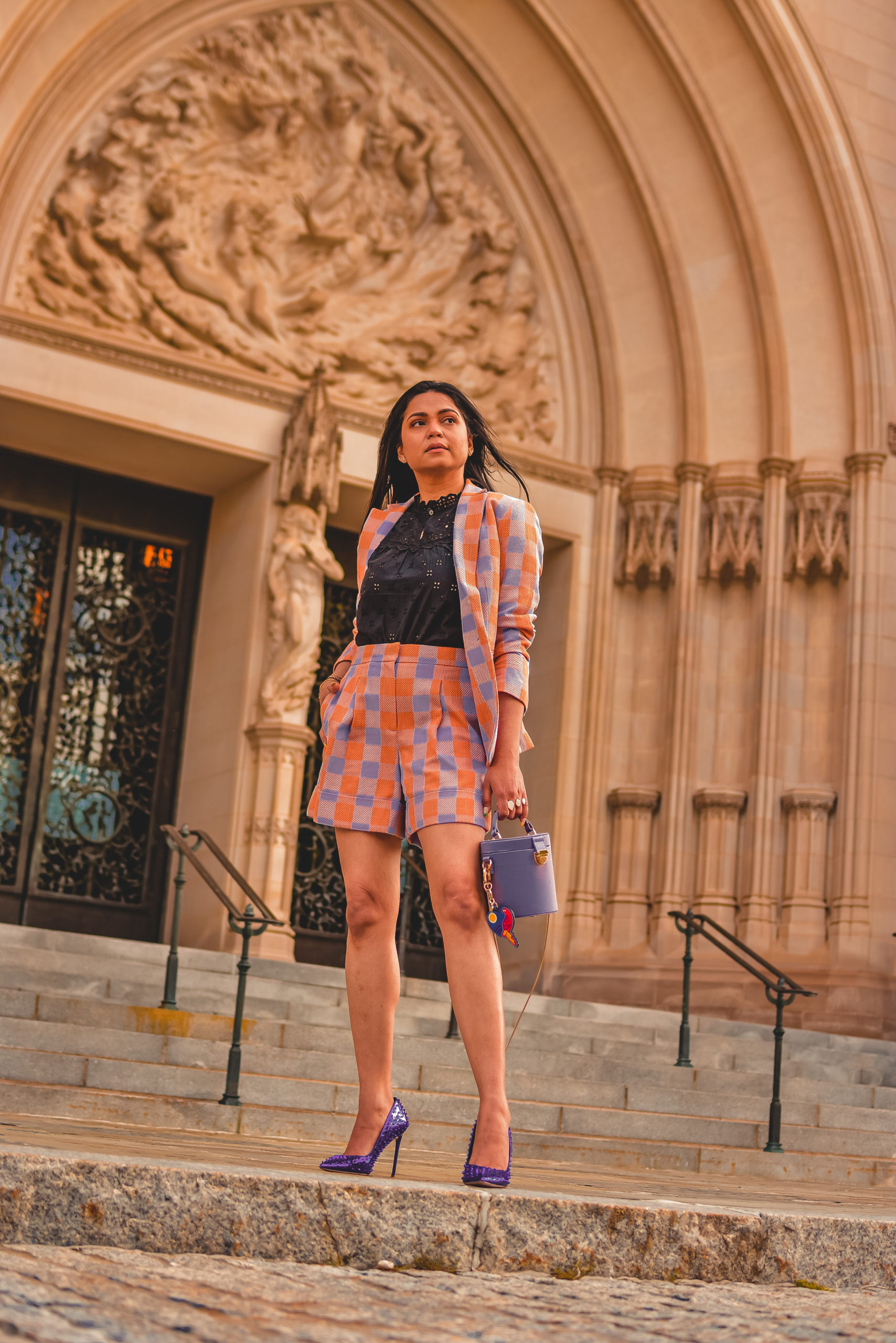 spring outfit waring shorts and blazer in gingham, wearing Steve madden vala studded pumps, purple heel with purple blazer, how to wear shorts suit, printed matching set , myriad musings, Saumya Shiohare 