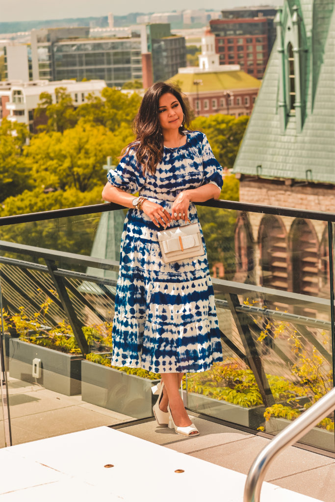 blue tie dye dress from Mango, summer wedding guest style, summer beach sundress, tie back dress, white JACQUEMUS Valerie heels. summer outfit, myriad musings 