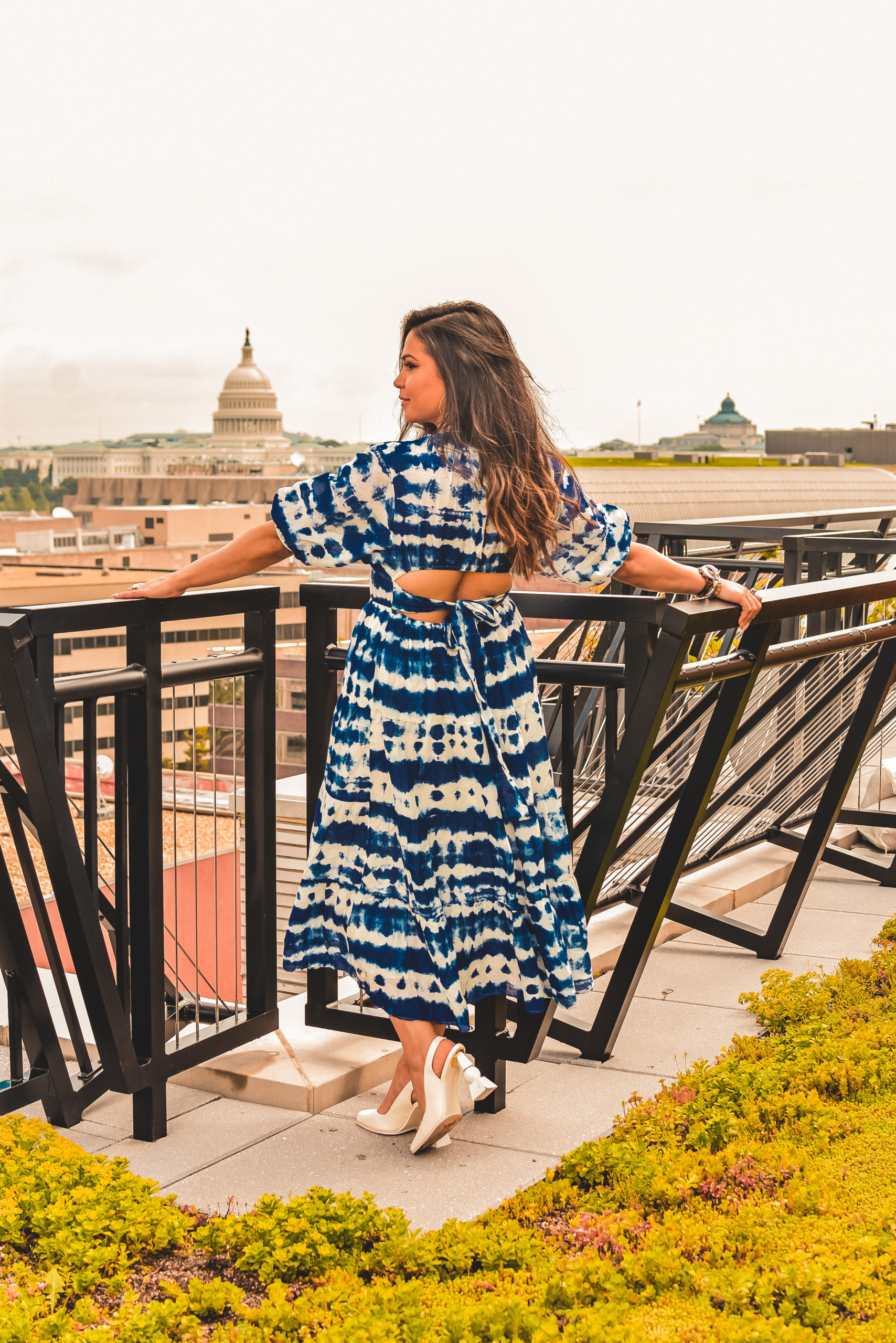 blue tie dye dress from Mango, summer wedding guest style, summer beach sundress, tie back dress, white JACQUEMUS Valerie heels. summer outfit, myriad musings 