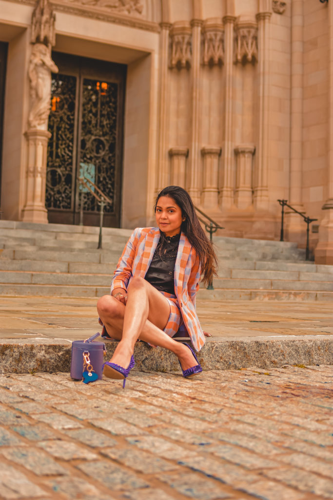 spring outfit waring shorts and blazer in gingham, wearing Steve madden vala studded pumps, purple heel with purple blazer, how to wear shorts suit, printed matching set , myriad musings, Saumya Shiohare 