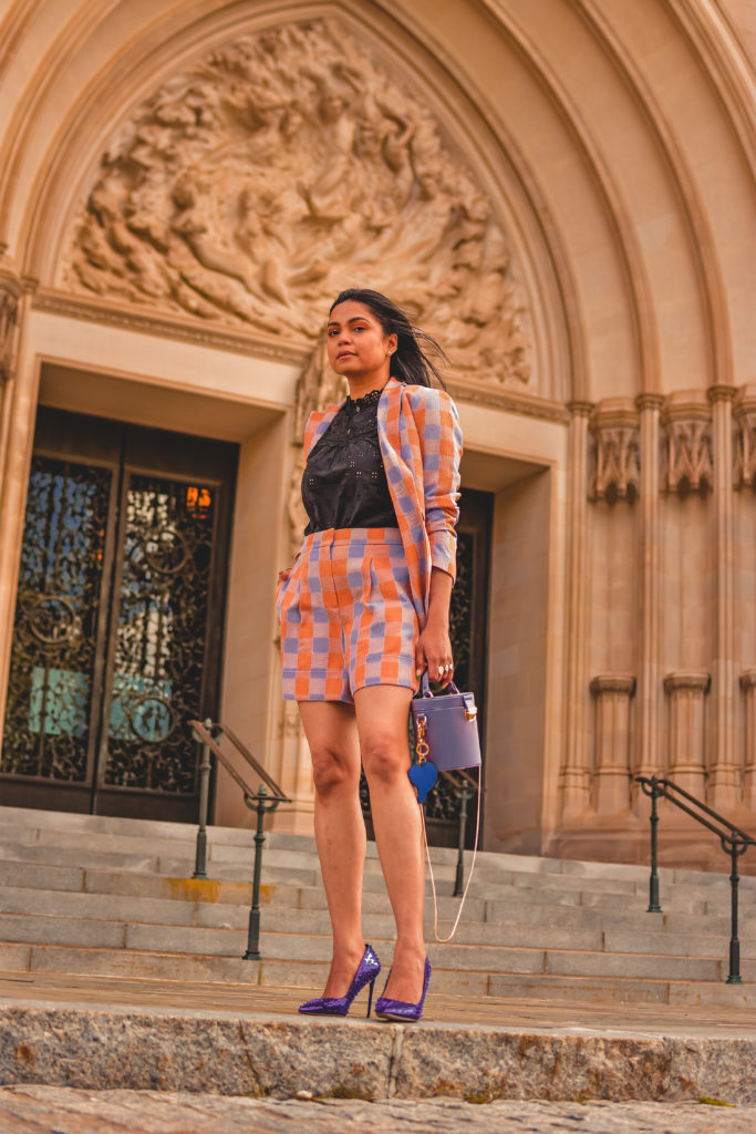 spring outfit waring shorts and blazer in gingham, wearing Steve madden vala studded pumps, purple heel with purple blazer, how to wear shorts suit, printed matching set , myriad musings, Saumya Shiohare 