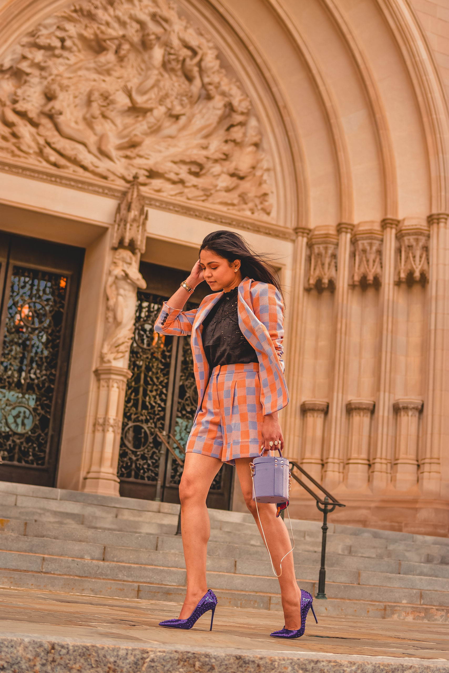 spring outfit waring shorts and blazer in gingham, wearing Steve madden vala studded pumps, purple heel with purple blazer, how to wear shorts suit, printed matching set , myriad musings, Saumya Shiohare 
