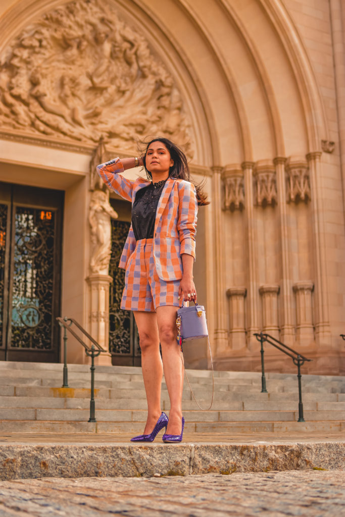 spring outfit waring shorts and blazer in gingham, wearing Steve madden vala studded pumps, purple heel with purple blazer, how to wear shorts suit, printed matching set , myriad musings, Saumya Shiohare 