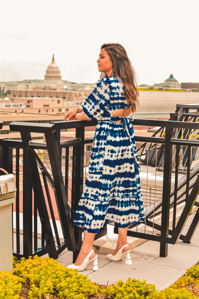 blue tie dye dress from Mango, summer wedding guest style, summer beach sundress, tie back dress, white JACQUEMUS Valerie heels. summer outfit, myriad musings 