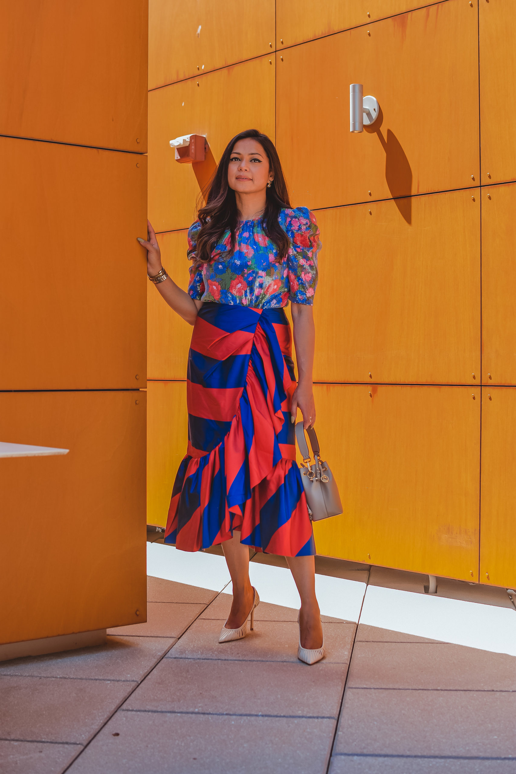 How to wear bright colors, color combinations to try, j crew ruffled skirt, Wayfair sequin shirt, bold shoulders, myriad musings, Saumya Shiohare 