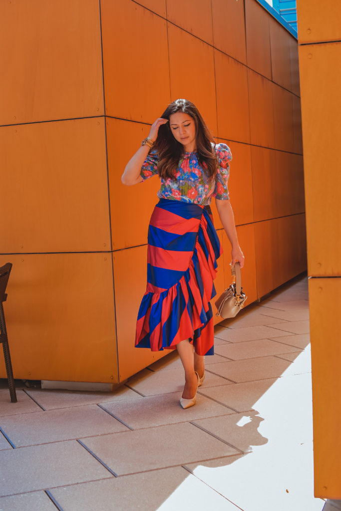 How to wear bright colors, color combinations to try, j crew ruffled skirt, Wayfair sequin shirt, bold shoulders, myriad musings, Saumya Shiohare 