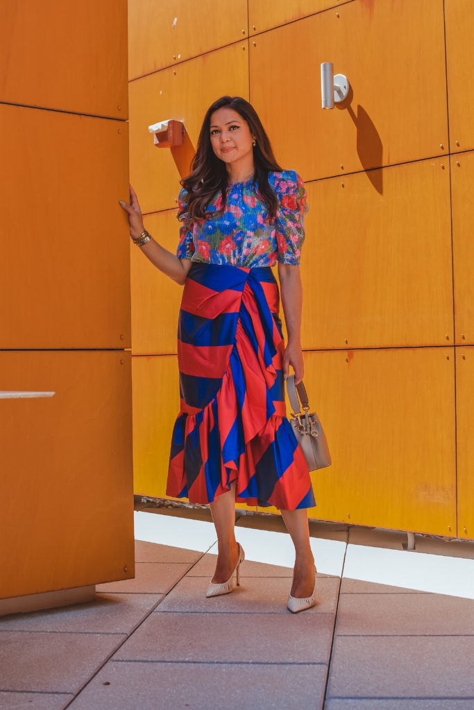 How to wear bright colors, color combinations to try, j crew ruffled skirt, Wayfair sequin shirt, bold shoulders, myriad musings, Saumya Shiohare 