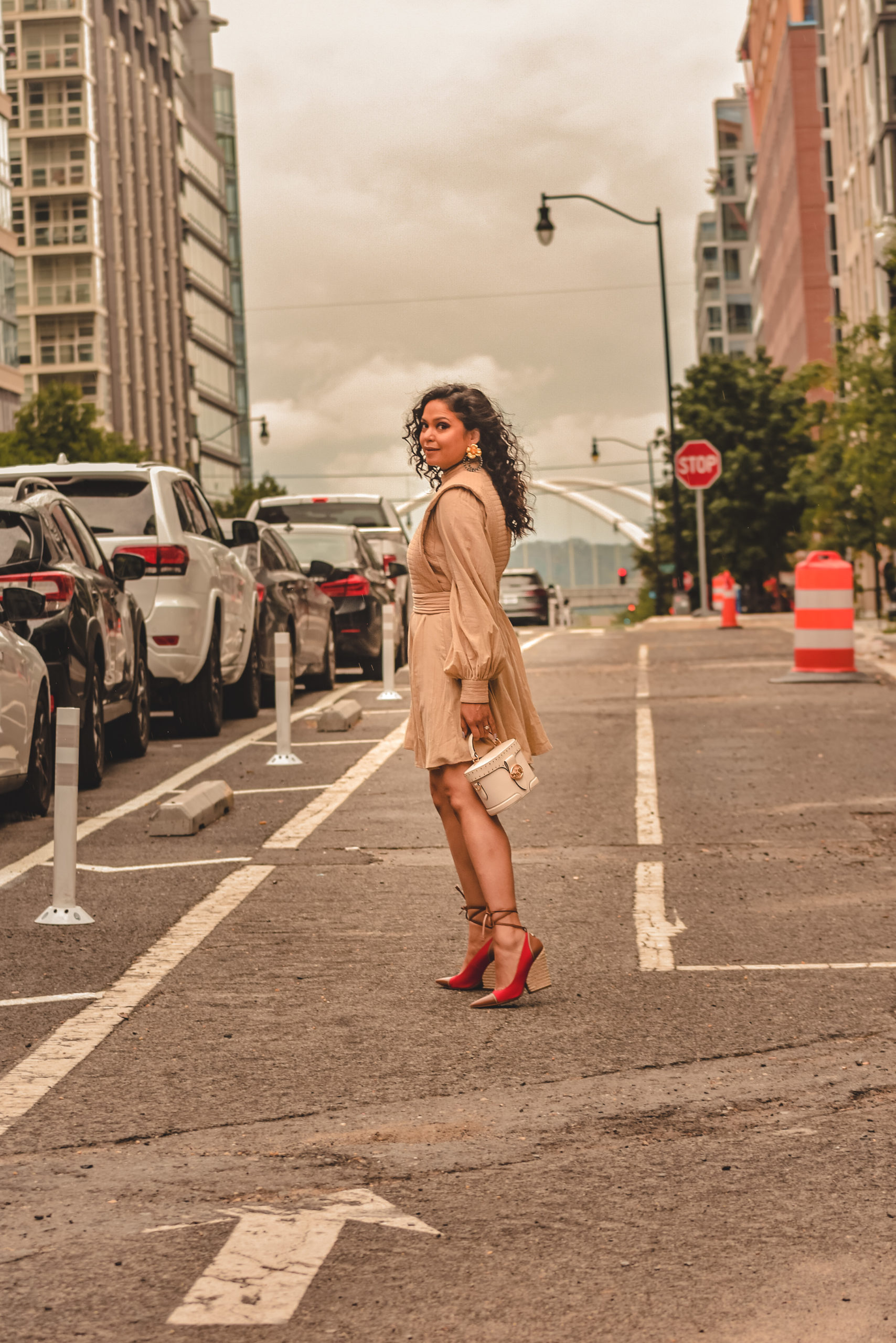 woman denim and red outfit