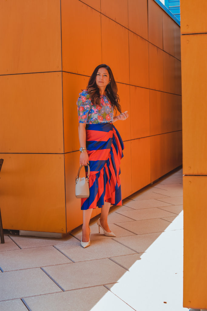 How to wear bright colors, color combinations to try, j crew ruffled skirt, Wayfair sequin shirt, bold shoulders, myriad musings, Saumya Shiohare 