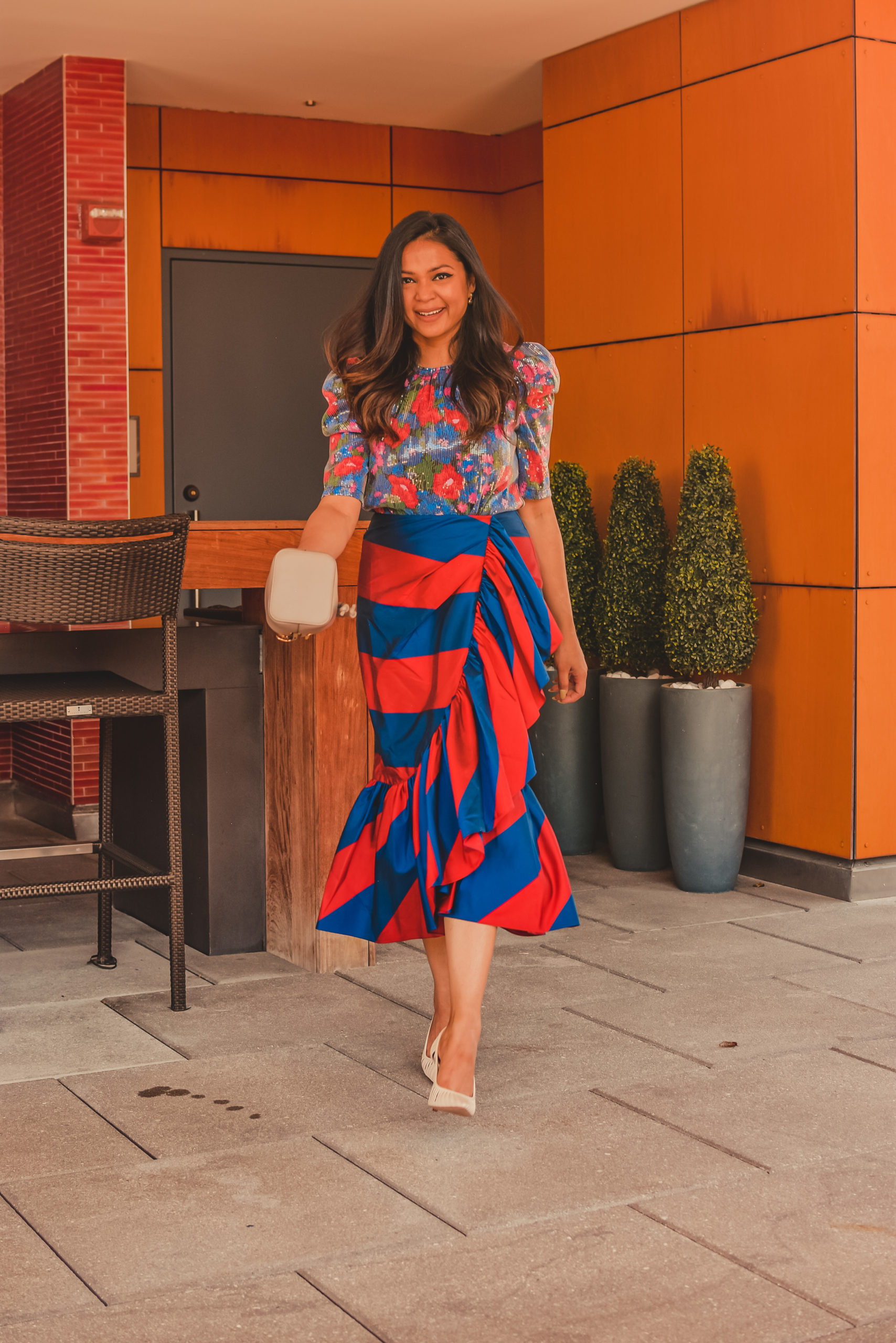 How to wear bright colors, color combinations to try, j crew ruffled skirt, Wayfair sequin shirt, bold shoulders, myriad musings, Saumya Shiohare 