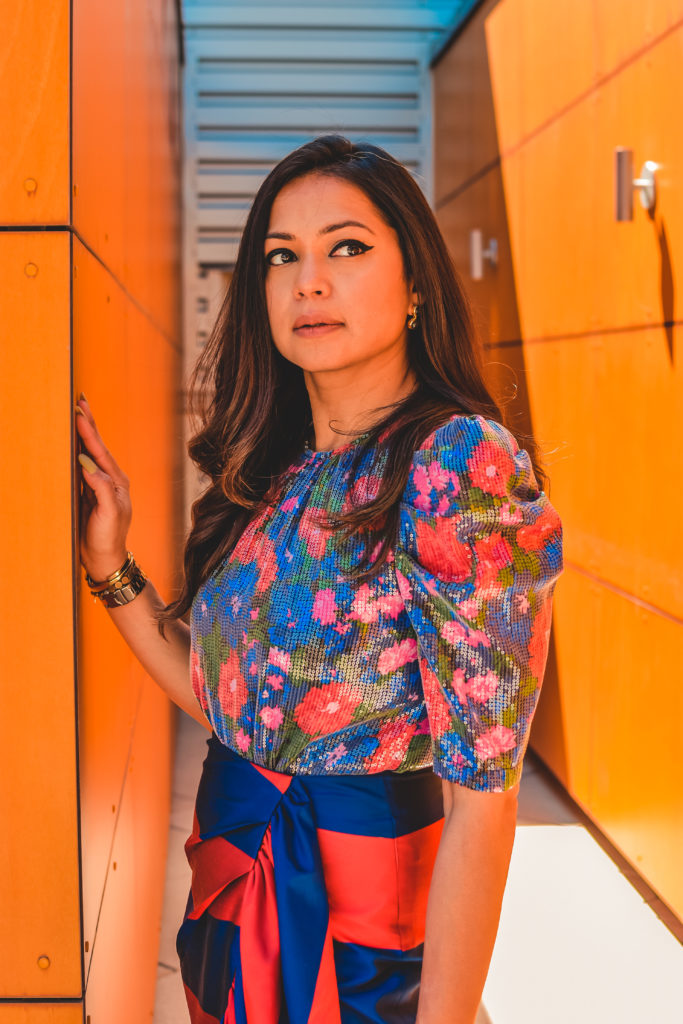 How to wear bright colors, color combinations to try, j crew ruffled skirt, Wayfair sequin shirt, bold shoulders, myriad musings, Saumya Shiohare 