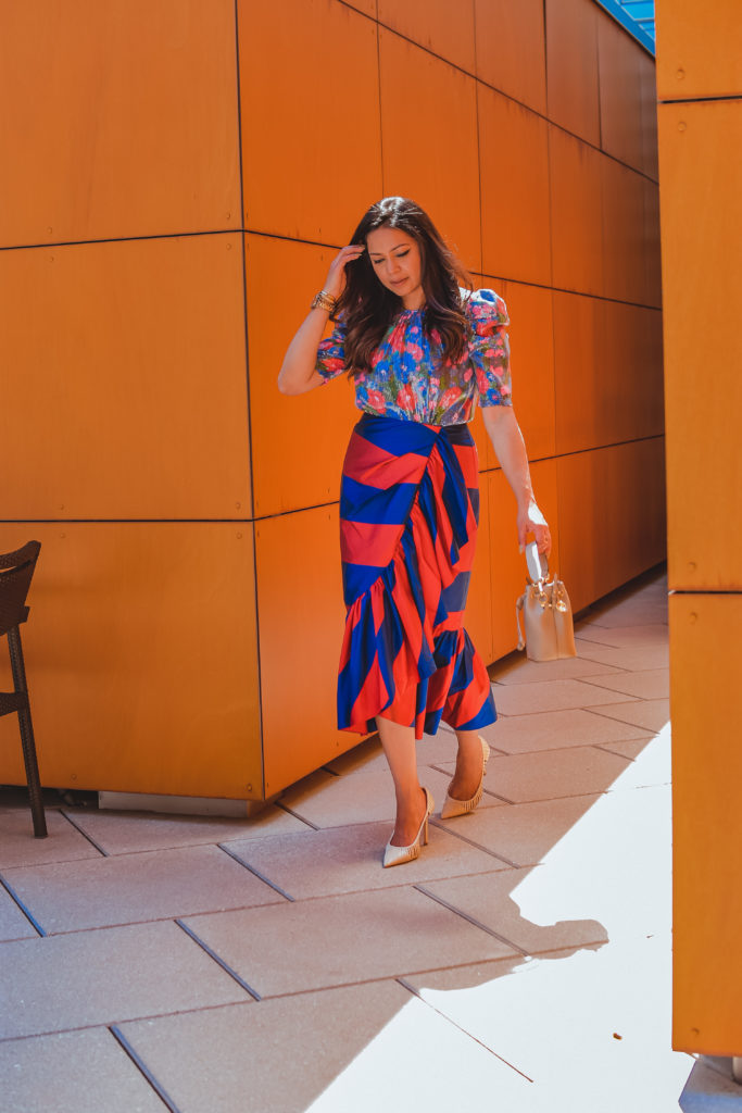 How to wear bright colors, color combinations to try, j crew ruffled skirt, Wayfair sequin shirt, bold shoulders, myriad musings, Saumya Shiohare 